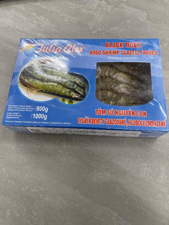 Tôm sú nguyên con Julia Alex Black Tiger Hoso Glazed, đông lạnh, 800g
